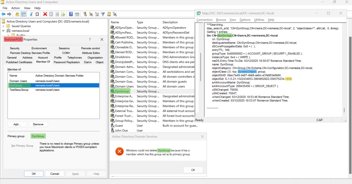 Attempt to delete a dynamic group that fails because it is currently assigned as a user’s Primary Group